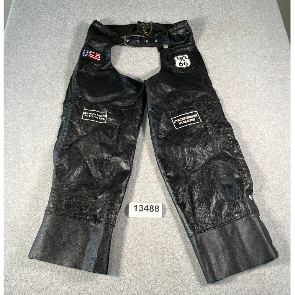 Diamond Plate Chaps Pants Unisex Small Black Leather Belted Waist Route 66 Biker